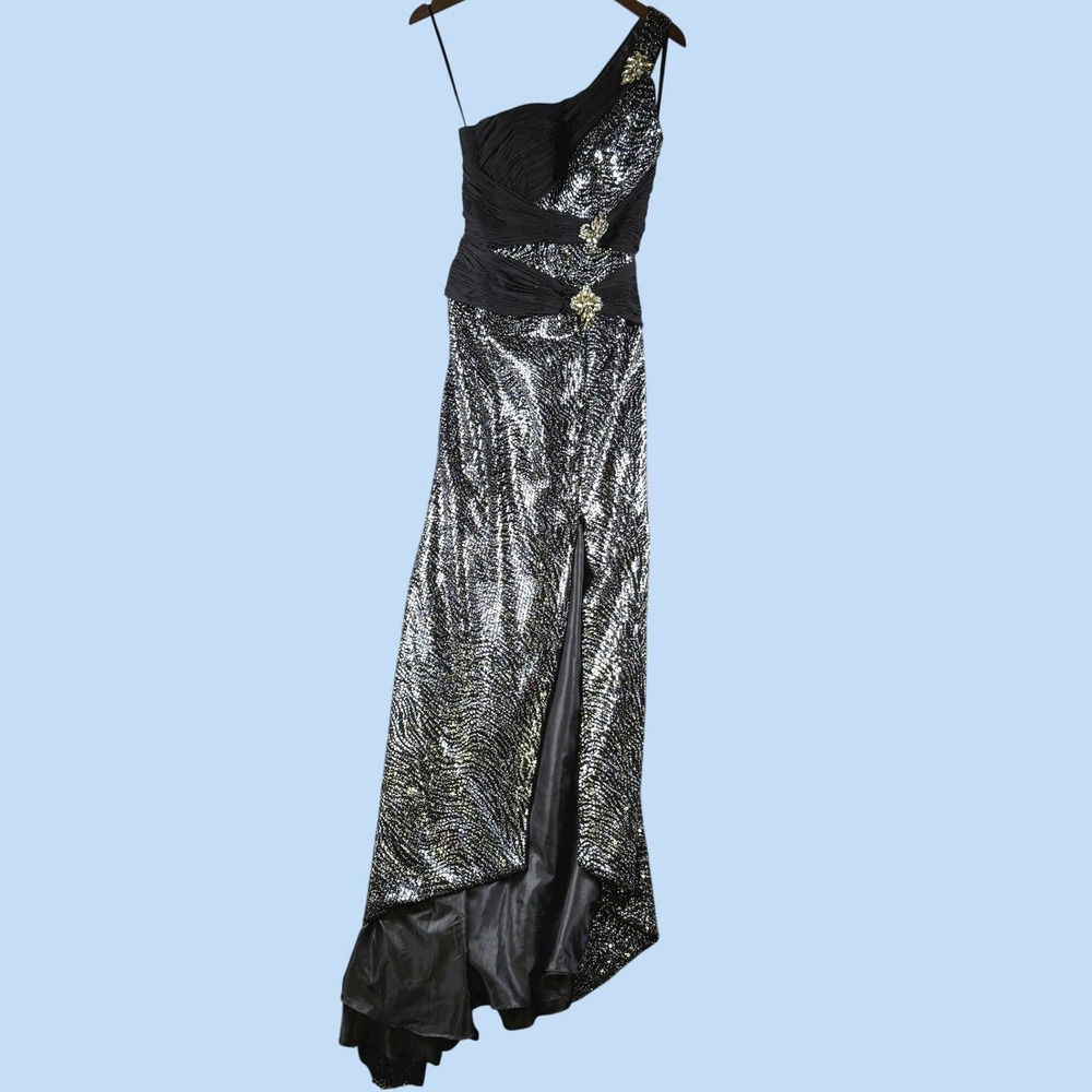 Me Prom By Moonlight Gown Women 6 Black Silver Sequin One Shoulder Formal Maxi
